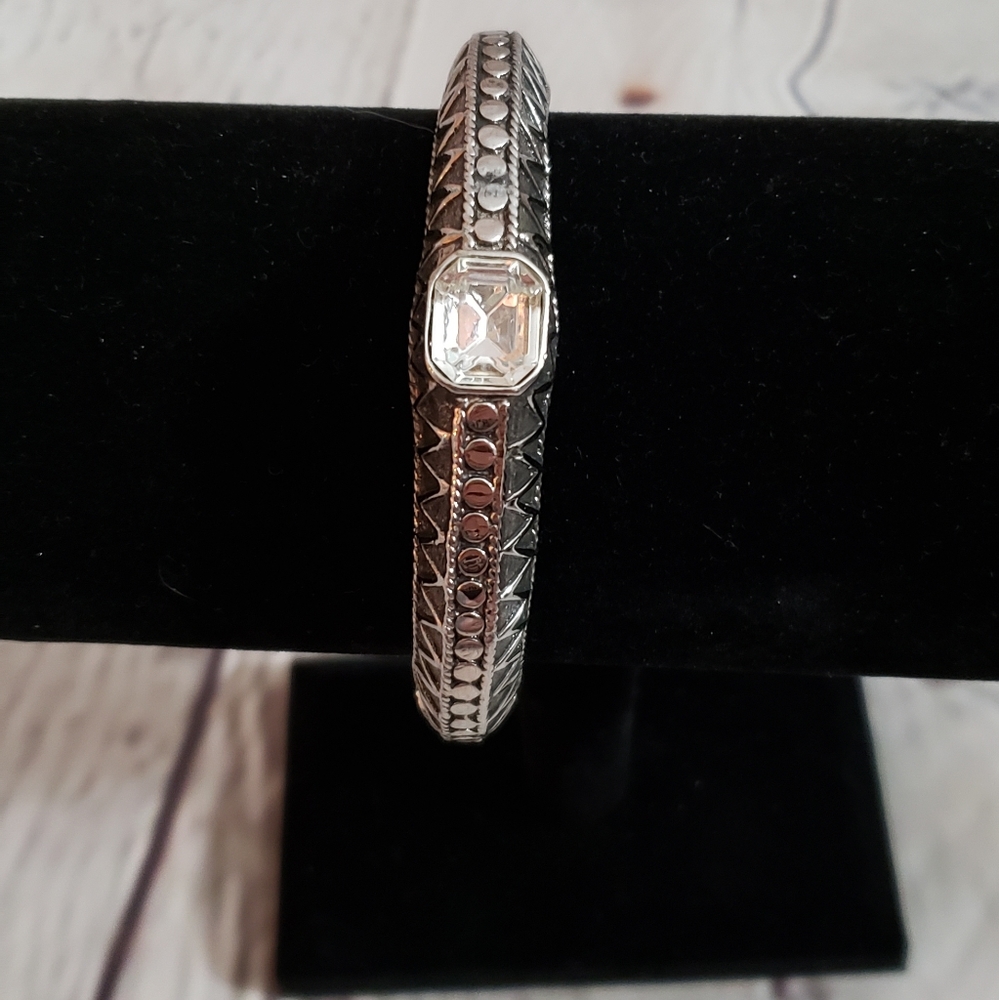 Silver Tone Hinged Bracelet Clear Crystal